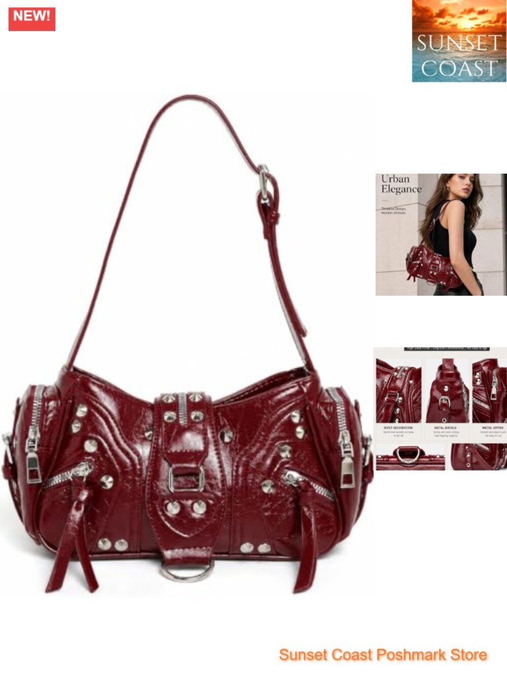 Studded Hobo Shoulder Bag PU Leather Crossbody Purse Y2K